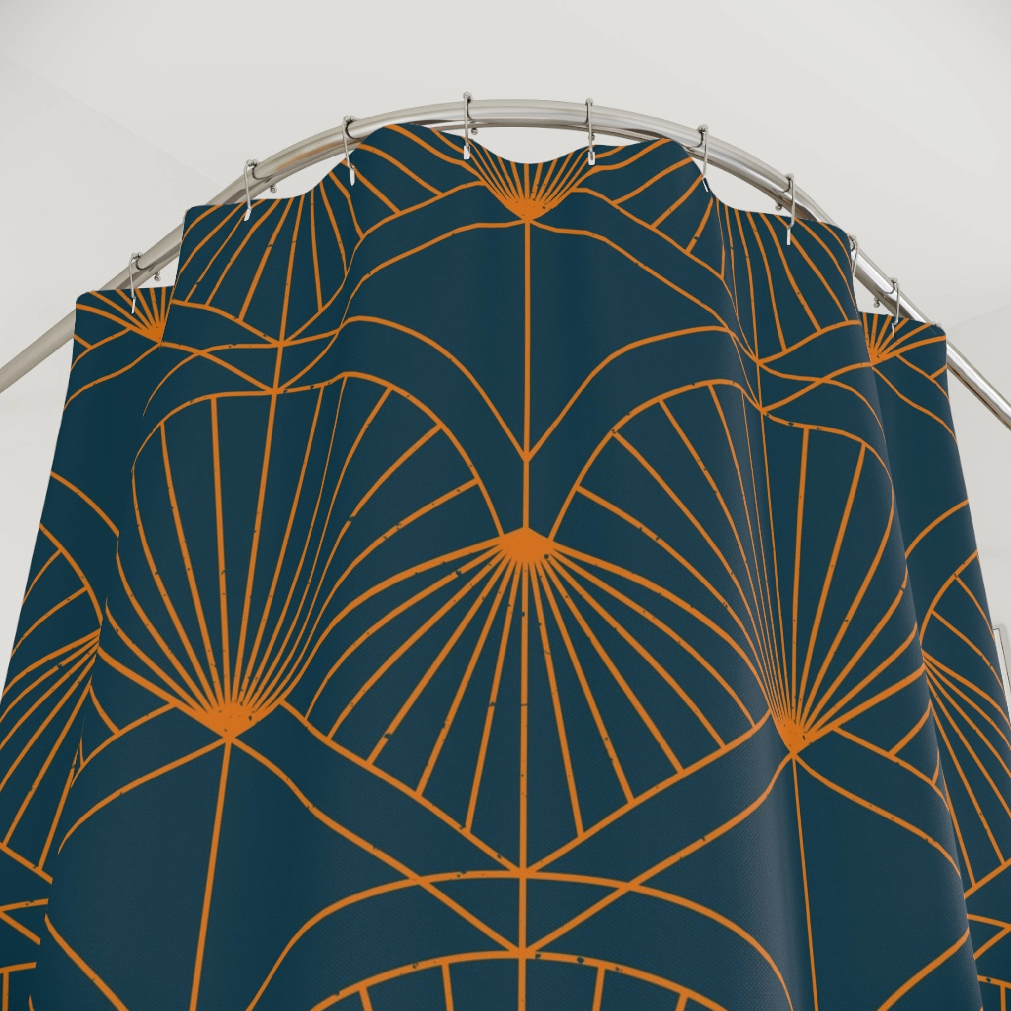 Art Deco Shower Curtain | Navy Blue, Orange Fan Bath Curtain