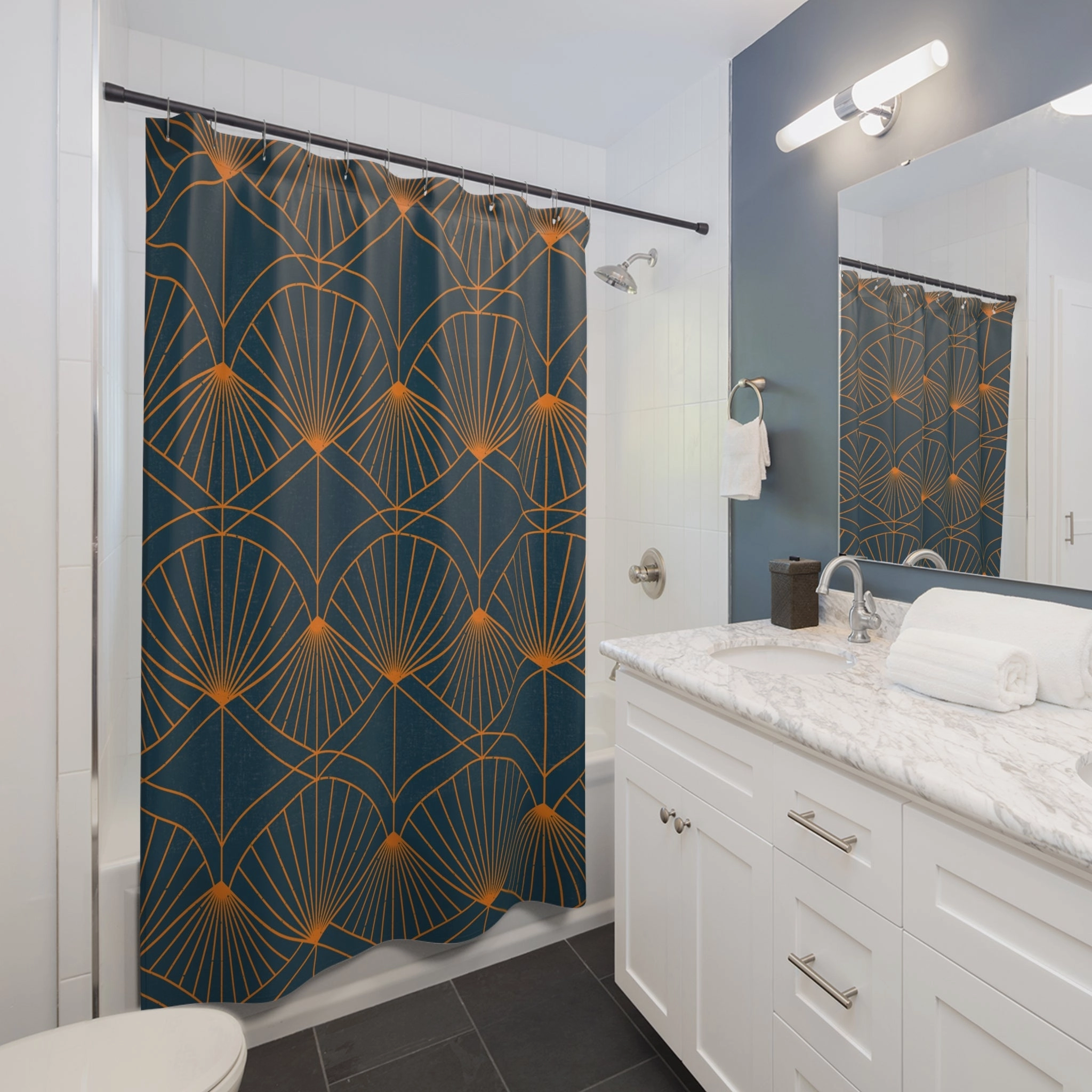 Art Deco Shower Curtain | Navy Blue, Orange Fan Bath Curtain