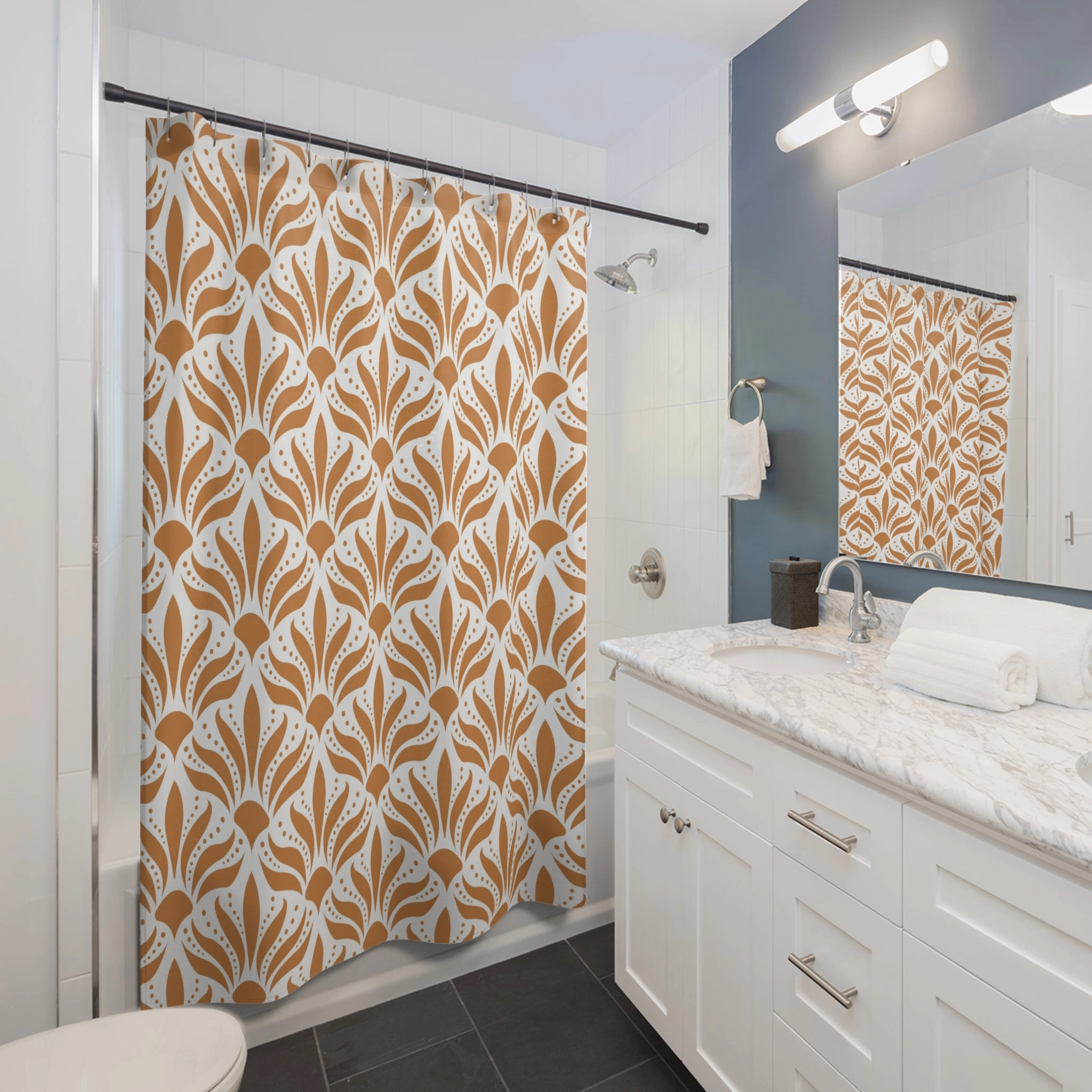 Art Deco Shower Curtain | Retro Terracotta White, Art Nouveau