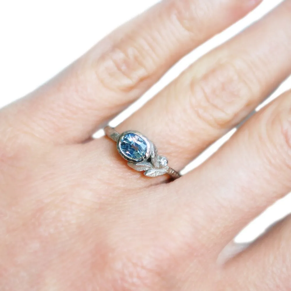 Asymmetrical Light Blue Sapphire Spring Leaves Ring