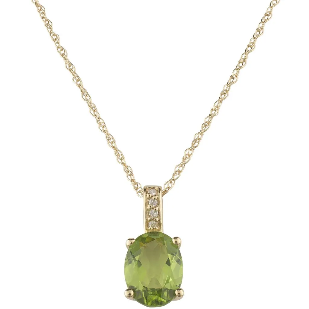 August Birthstone Pendant: 14K Yellow Gold Diamond And Oval Peridot Drop Pendant Necklace
