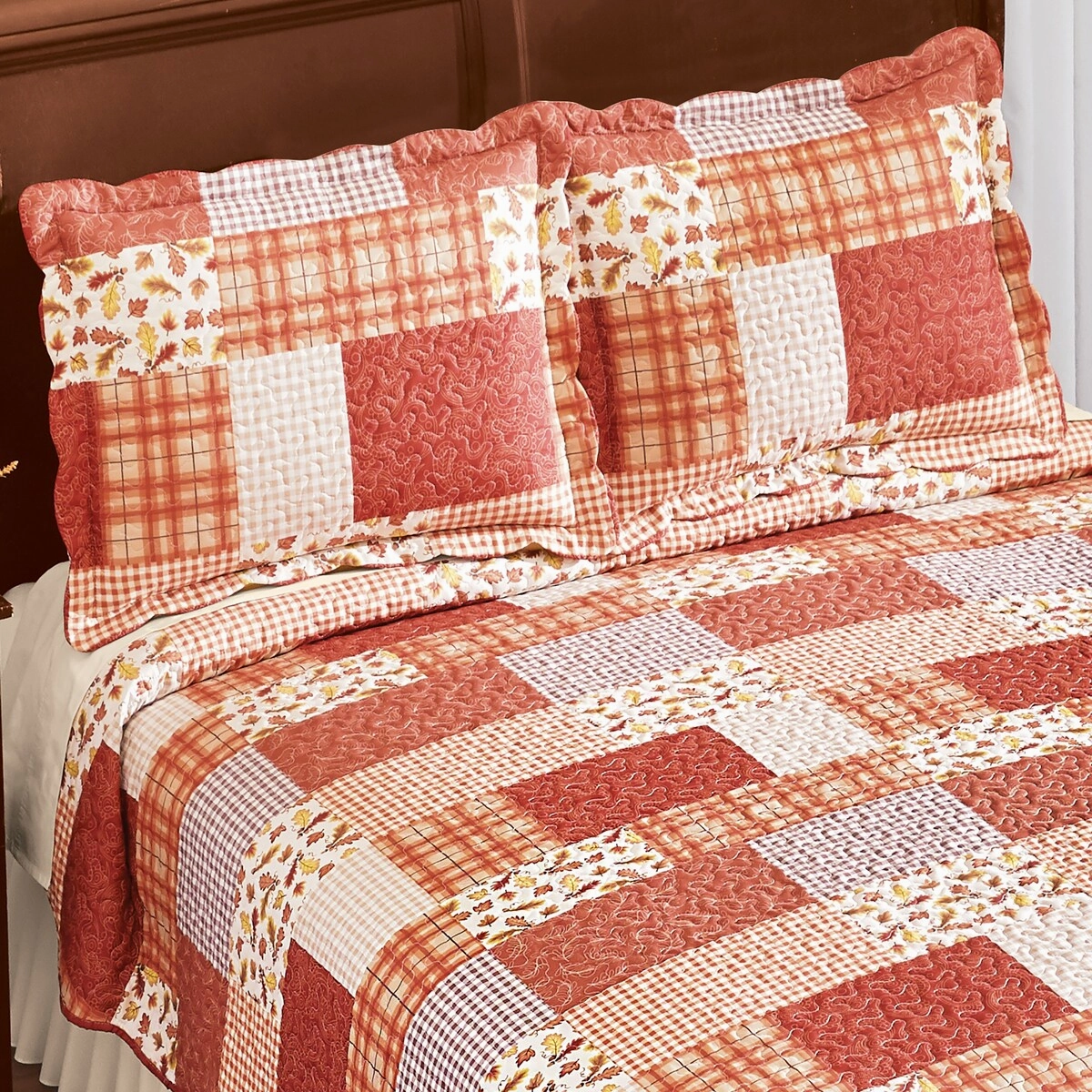 Autumn Leaves & Plaid Shades Patchwork Bed Pillow Sham