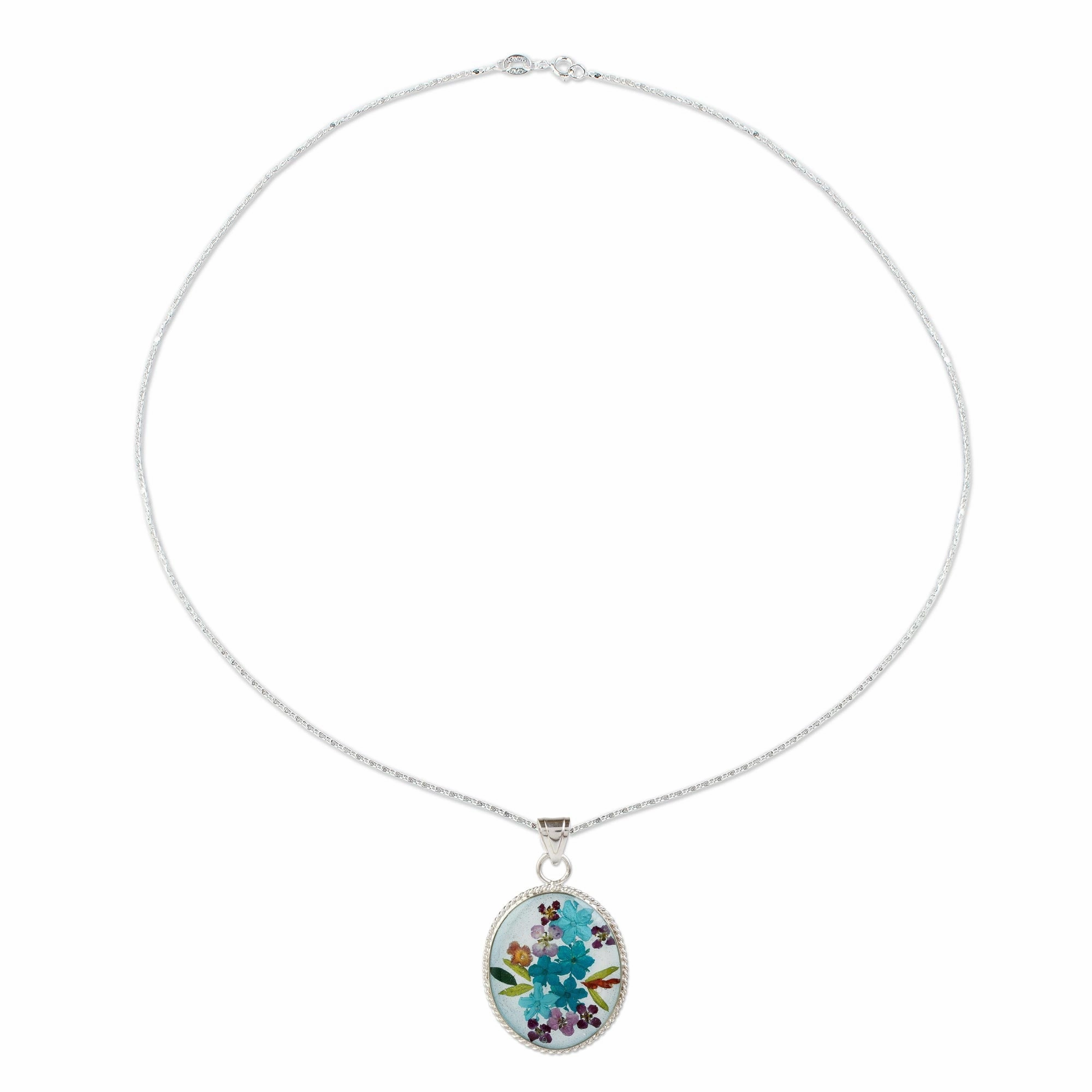 Azure Forever Blue Dried Flower and Resin Silver Necklace from Mexico