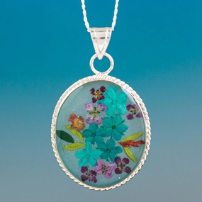 Azure Forever Blue Dried Flower and Resin Silver Necklace from Mexico