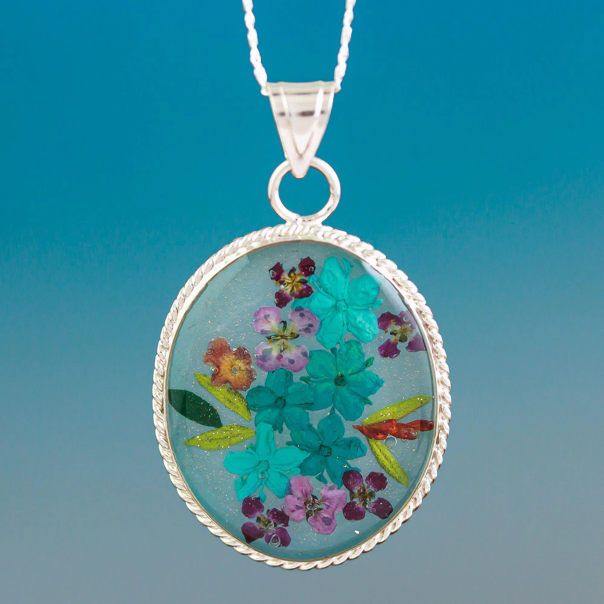 Azure Forever Blue Dried Flower and Resin Silver Necklace from Mexico