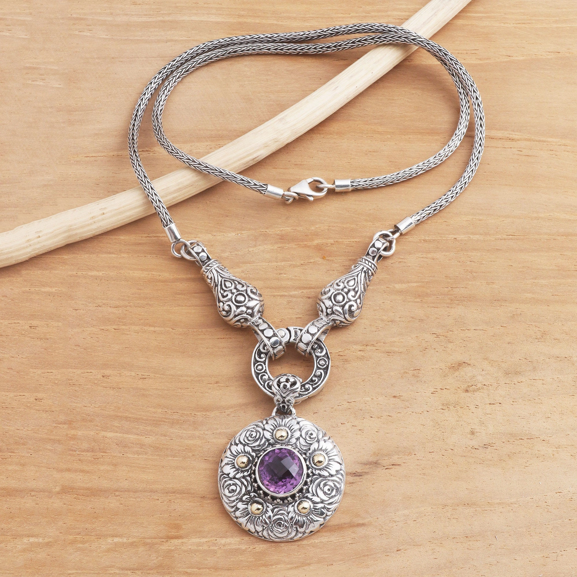 Badung Wreath Ornate Amethyst Necklace with 18k Gold Accents