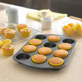 Bakeware 12 cup muffin tray, 10 x 15'', non-stick curtain fabric, upholstery textile