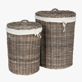 Bali Grey Kubu Set of 2 Round Lined Linen Basket Hampers laundry organizer,dirty clothes basket,plastic laundry basket