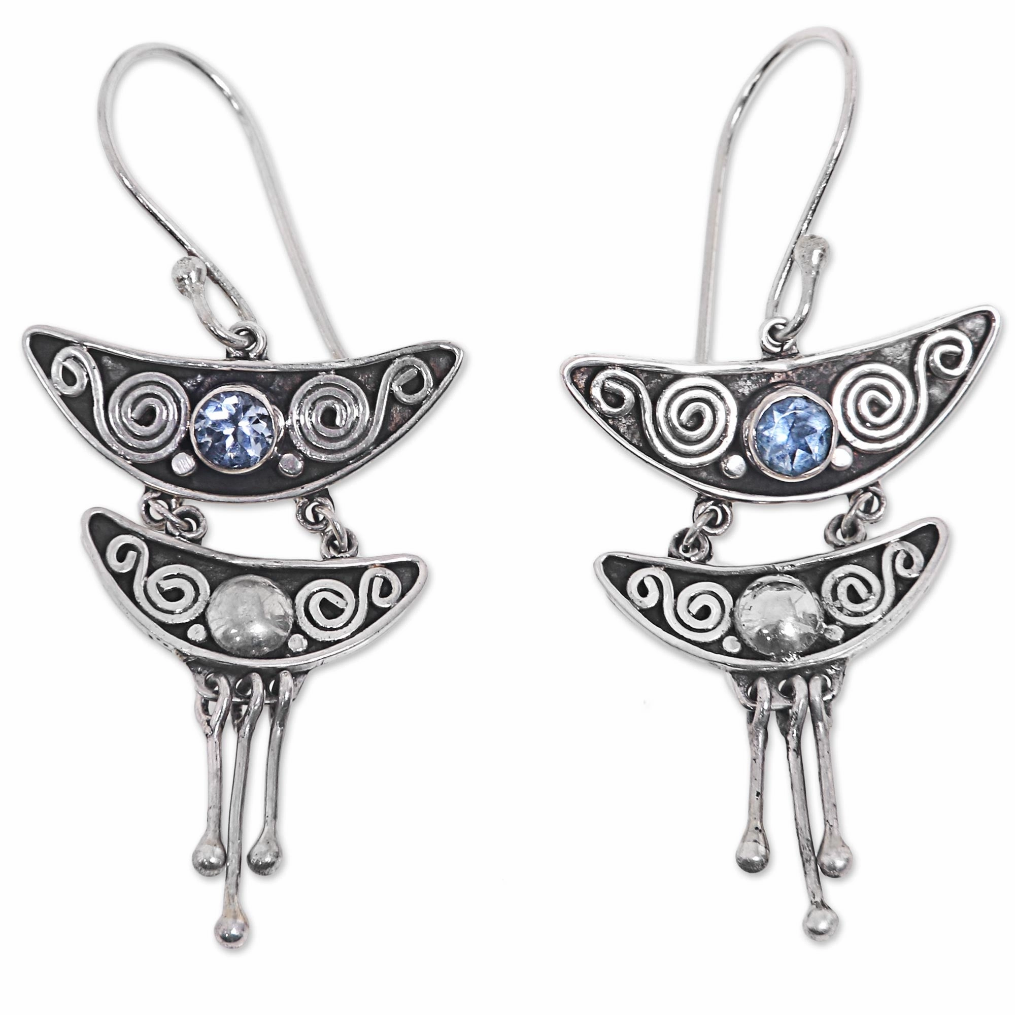 Balinese Pagoda Balinese Sterling Silver and Blue Topaz Dangle Earrings