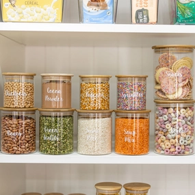 Bamboo Glass Jars Small Pantry Container Pack Figurines,Decorative Ornaments