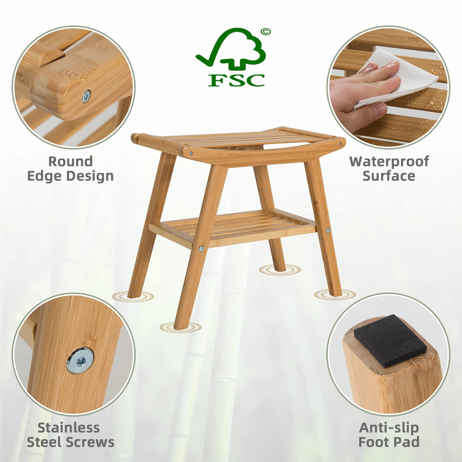 Bamboo Shower Bench with Foot Stool, Shower Seat Bench with Underneath Storage Shelf