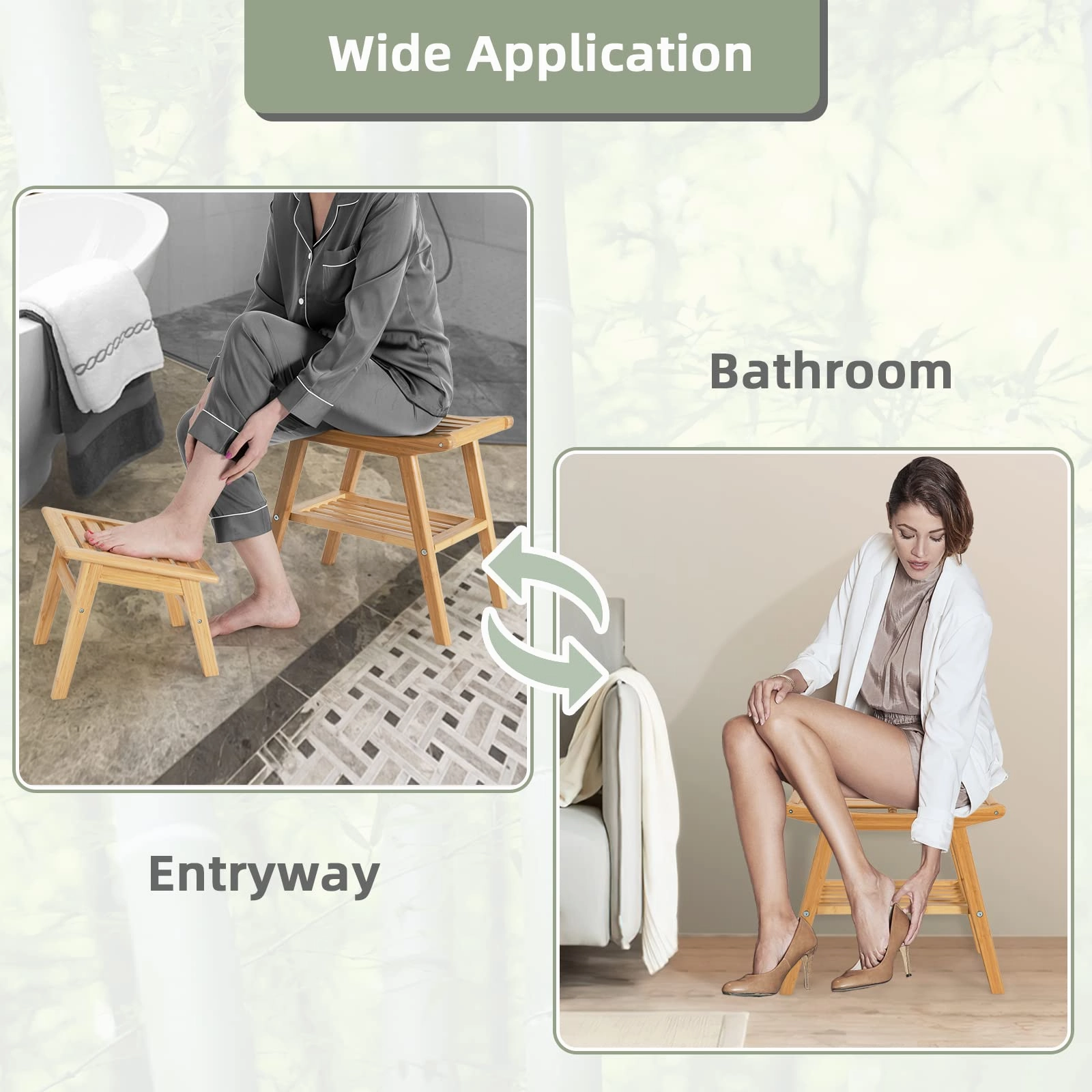 Bamboo Shower Bench with Foot Stool, Shower Seat Bench with Underneath Storage Shelf