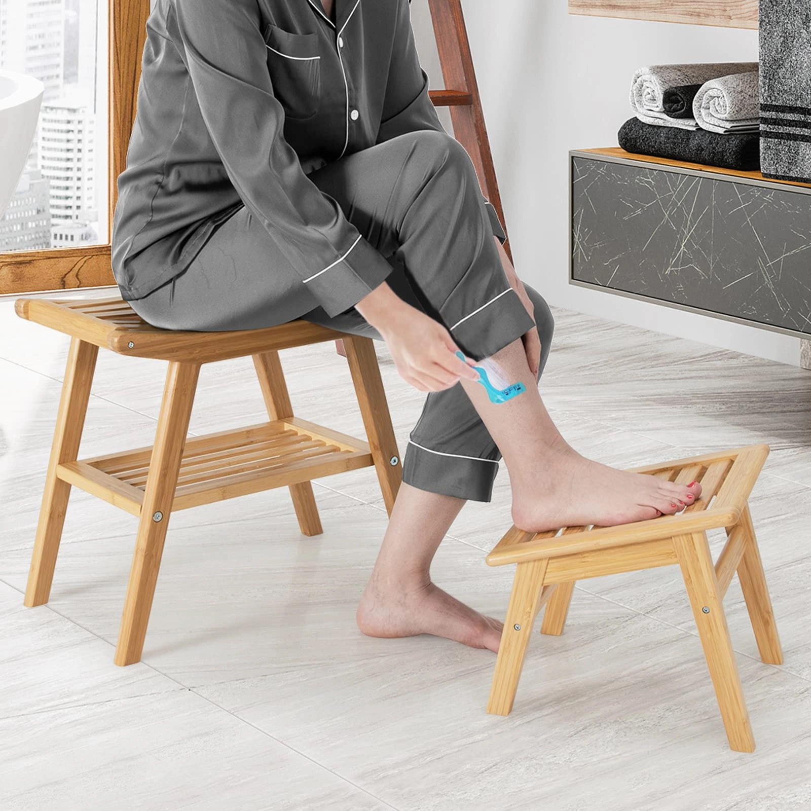 Bamboo Shower Bench with Foot Stool, Shower Seat Bench with Underneath Storage Shelf