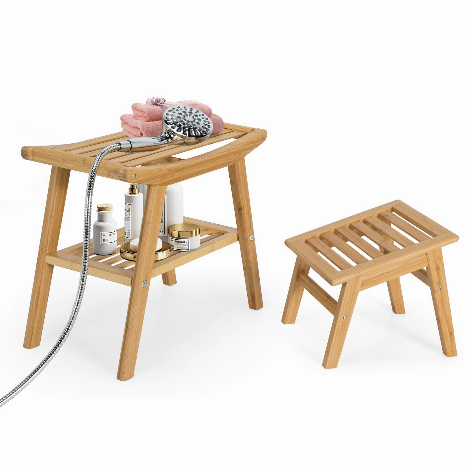 Bamboo Shower Bench with Foot Stool, Shower Seat Bench with Underneath Storage Shelf bench seat, tufted bench