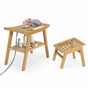 Bamboo Shower Bench with Foot Stool, Shower Seat Bench with Underneath Storage Shelf bench seat, tufted bench