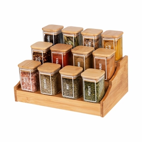 Bamboo Spice Rack with Square Herb & Spice Jars Large Pack Figurines,Decorative Ornaments