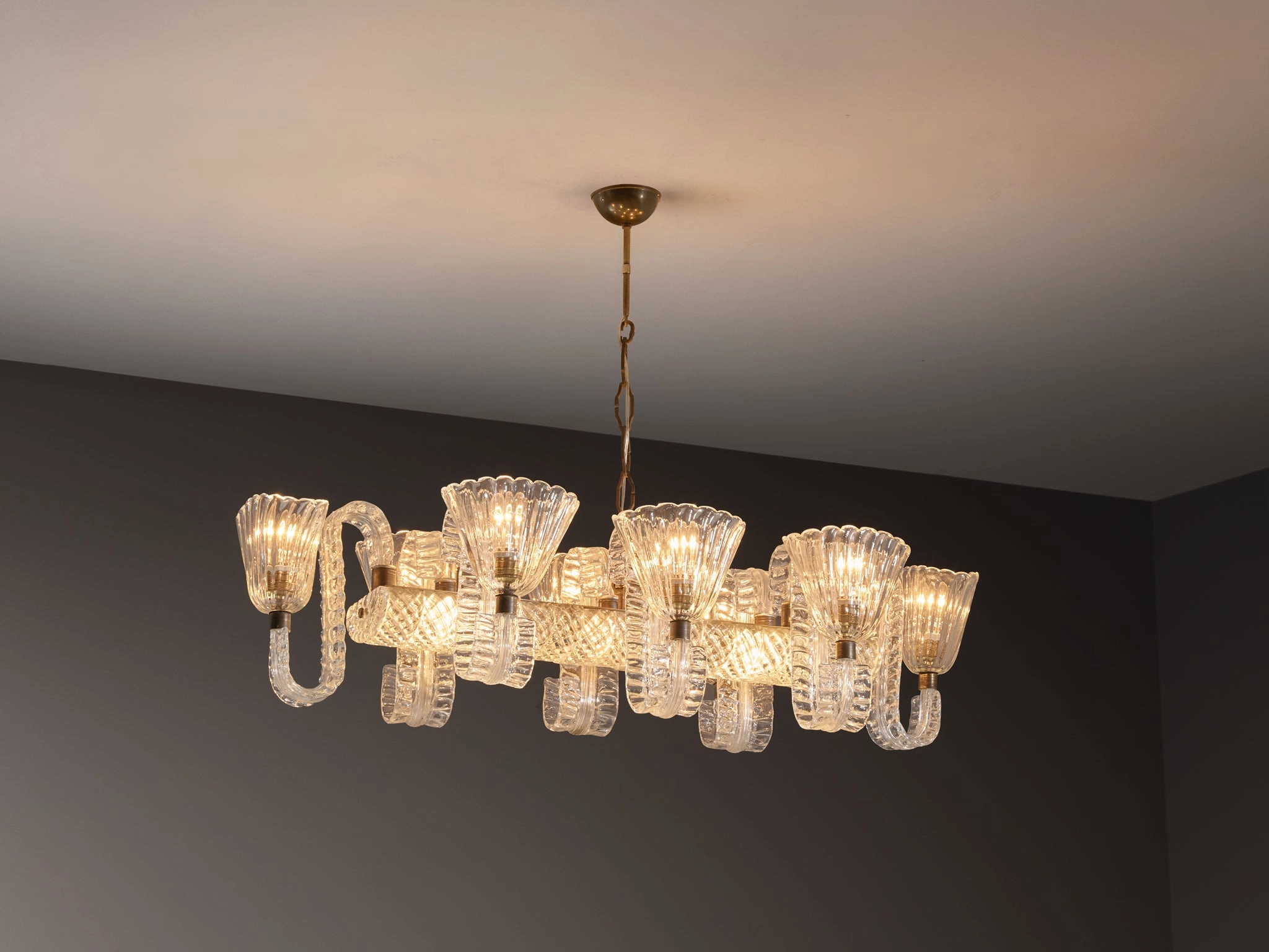 Barovier & Toso Large Italian Chandelier in Crystal Glass and Brass