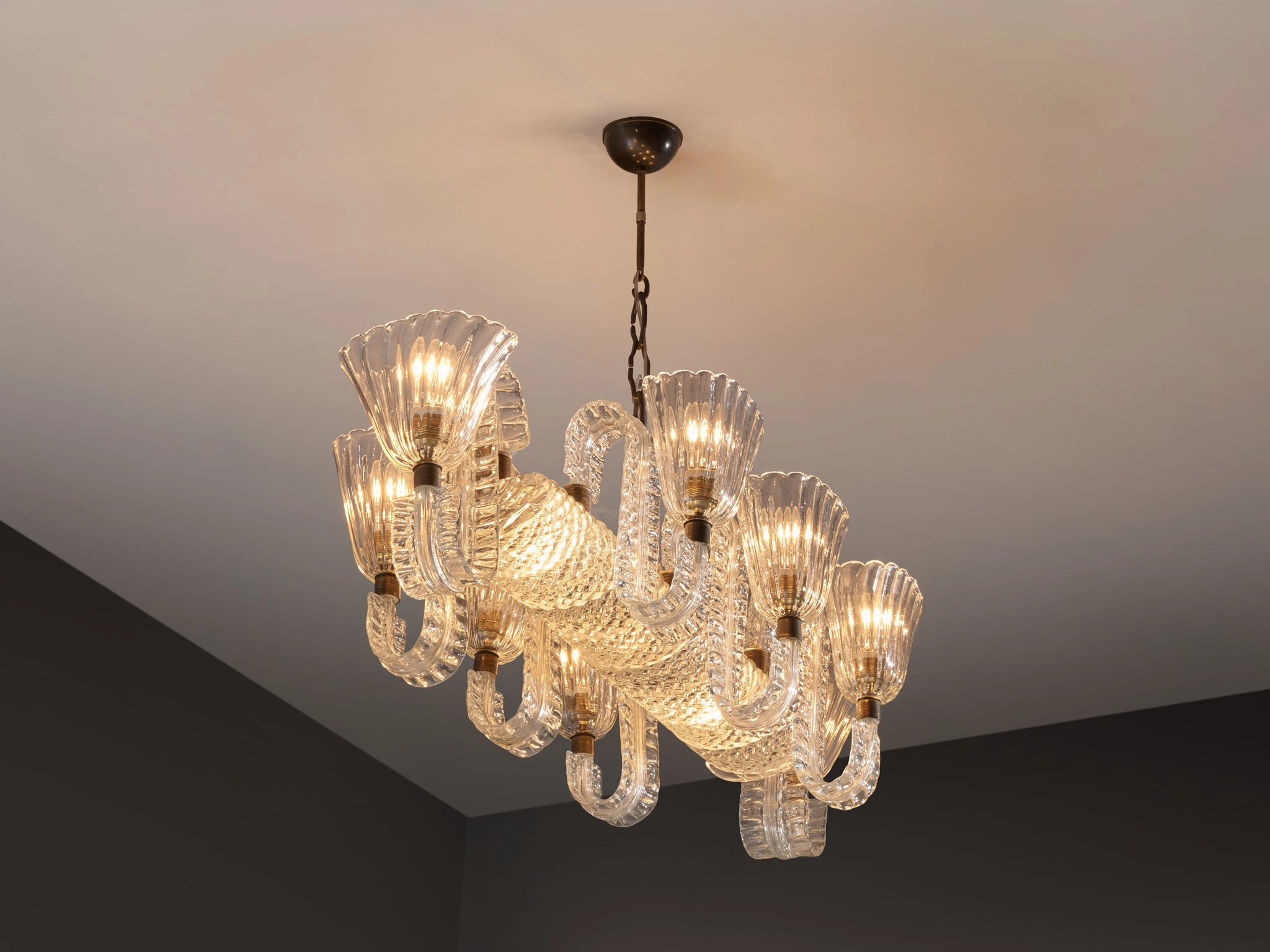 Barovier & Toso Large Italian Chandelier in Crystal Glass and Brass