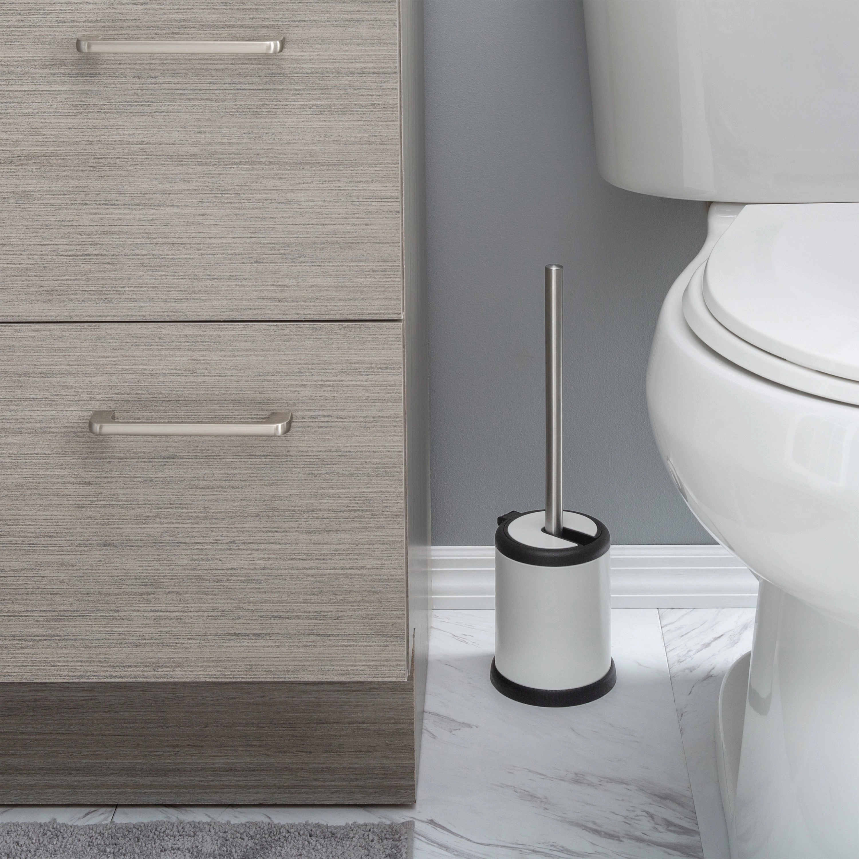 Bath Bliss Self Closing Lid Toilet Brush and Holder in White - 4.5"Rdx 15.4"