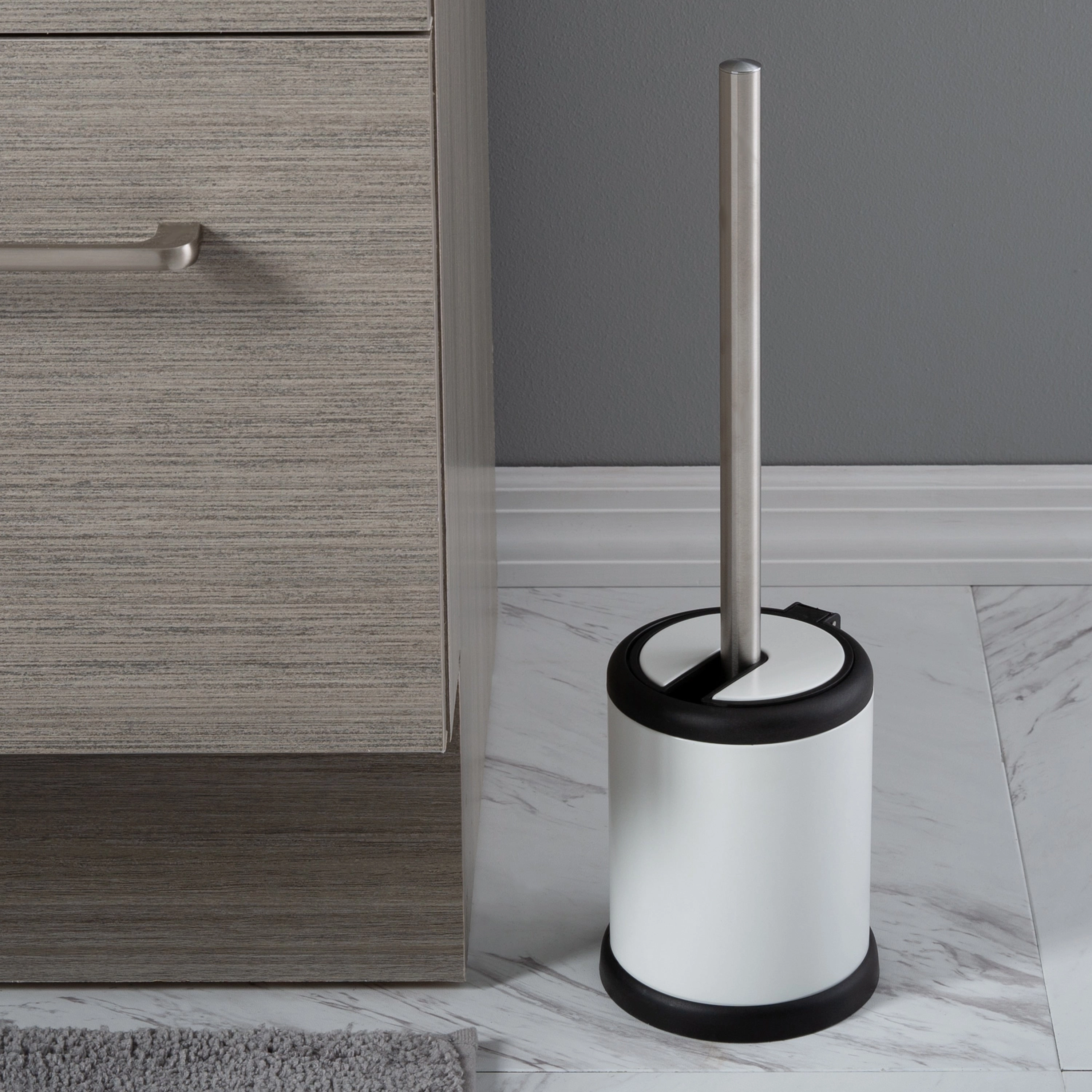 Bath Bliss Self Closing Lid Toilet Brush and Holder in White - 4.5"Rdx 15.4"