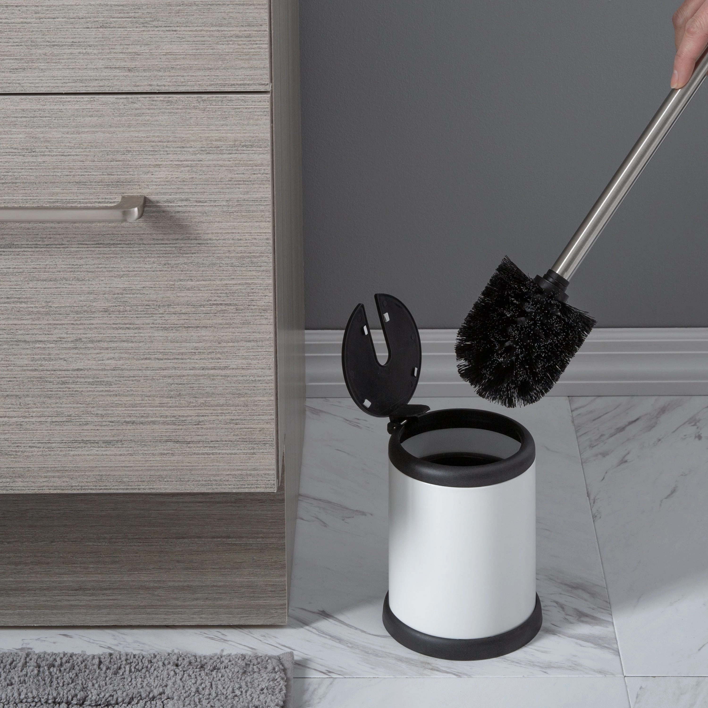 Bath Bliss Self Closing Lid Toilet Brush and Holder in White - 4.5"Rdx 15.4"