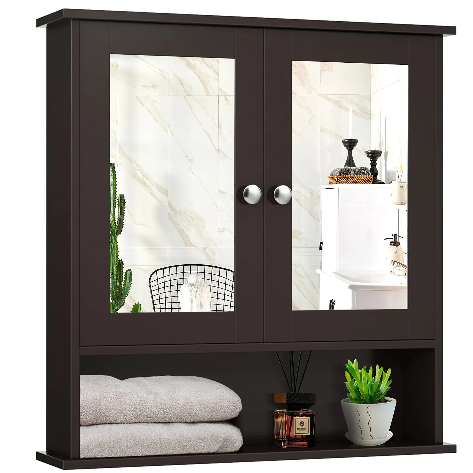 Bathroom Wall Cabinet with 2 Mirror Doors and Adjustable Shelf bathroom organizer, toilet brush holder