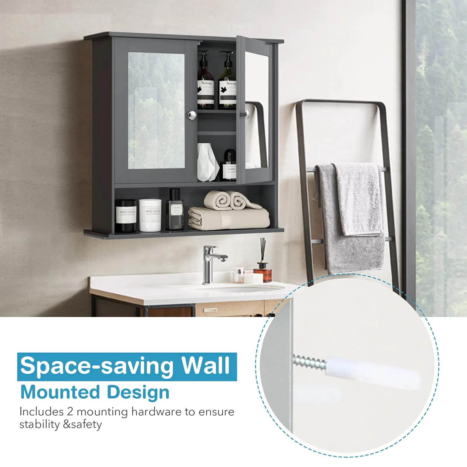 Bathroom Wall Cabinet with 2 Mirror Doors and Adjustable Shelf