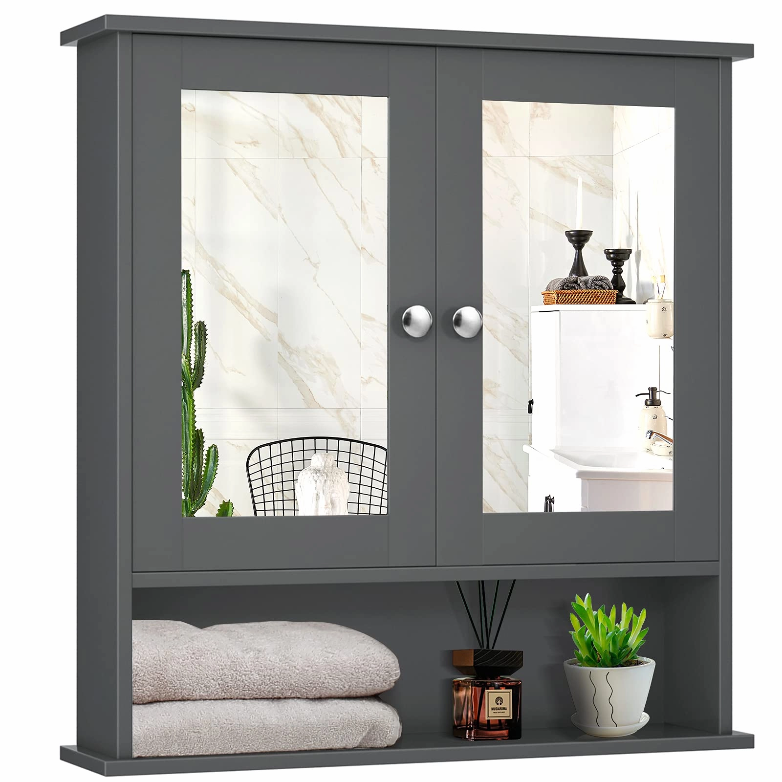 Bathroom Wall Cabinet with 2 Mirror Doors and Adjustable Shelf