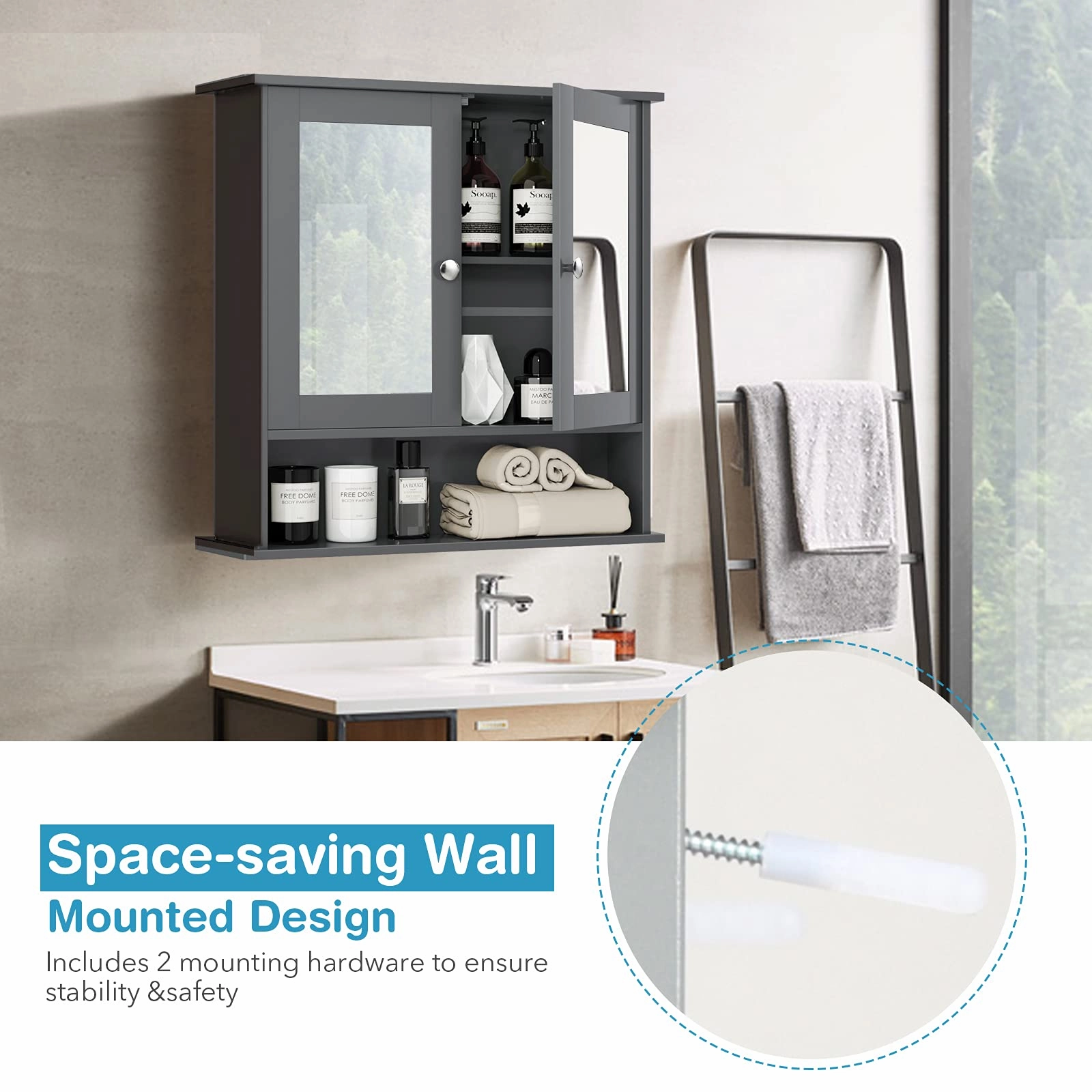 Bathroom Wall Cabinet with 2 Mirror Doors and Adjustable Shelf