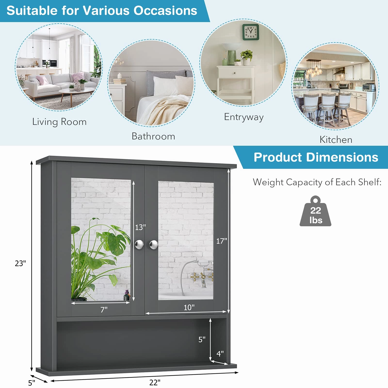 Bathroom Wall Cabinet with 2 Mirror Doors and Adjustable Shelf
