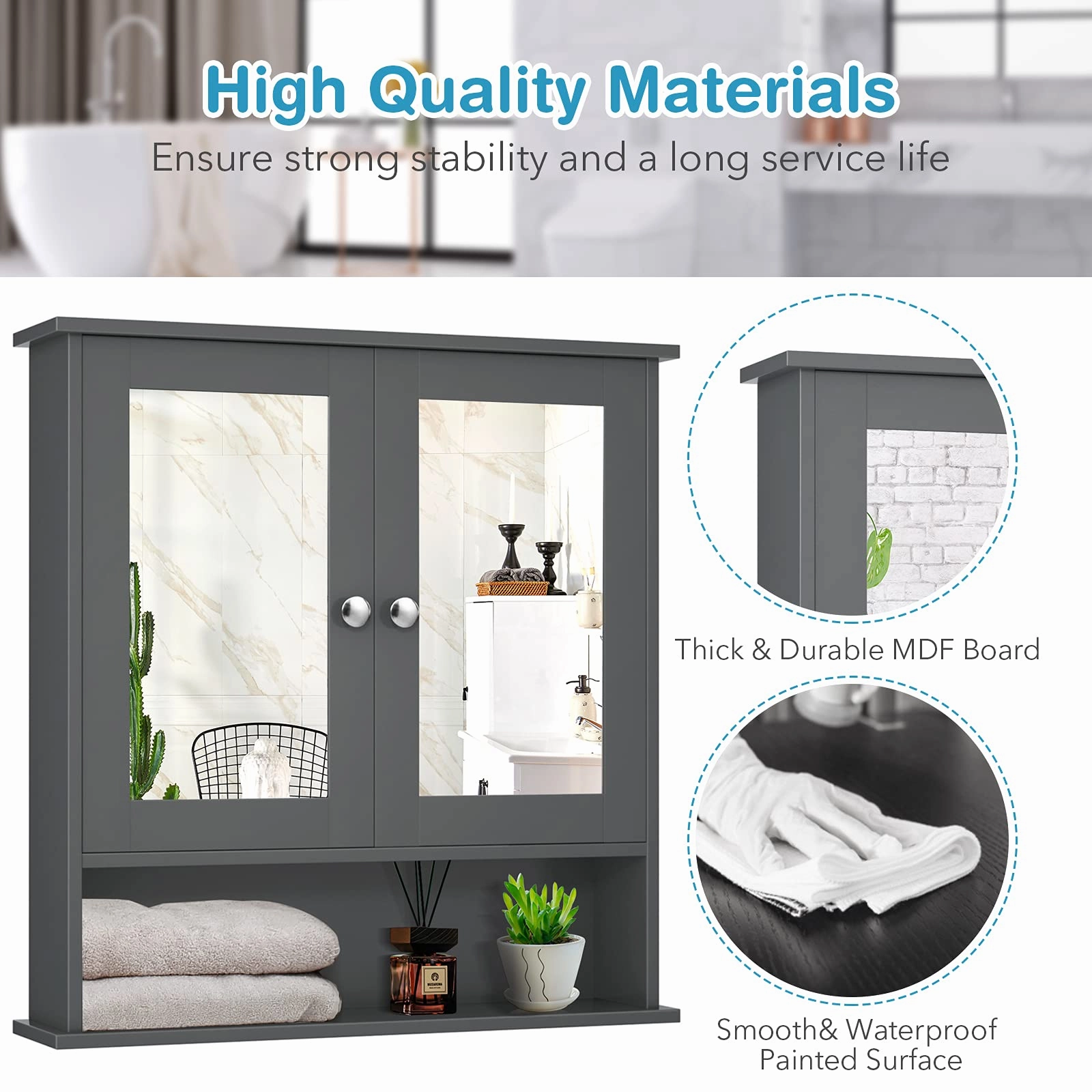Bathroom Wall Cabinet with 2 Mirror Doors and Adjustable Shelf
