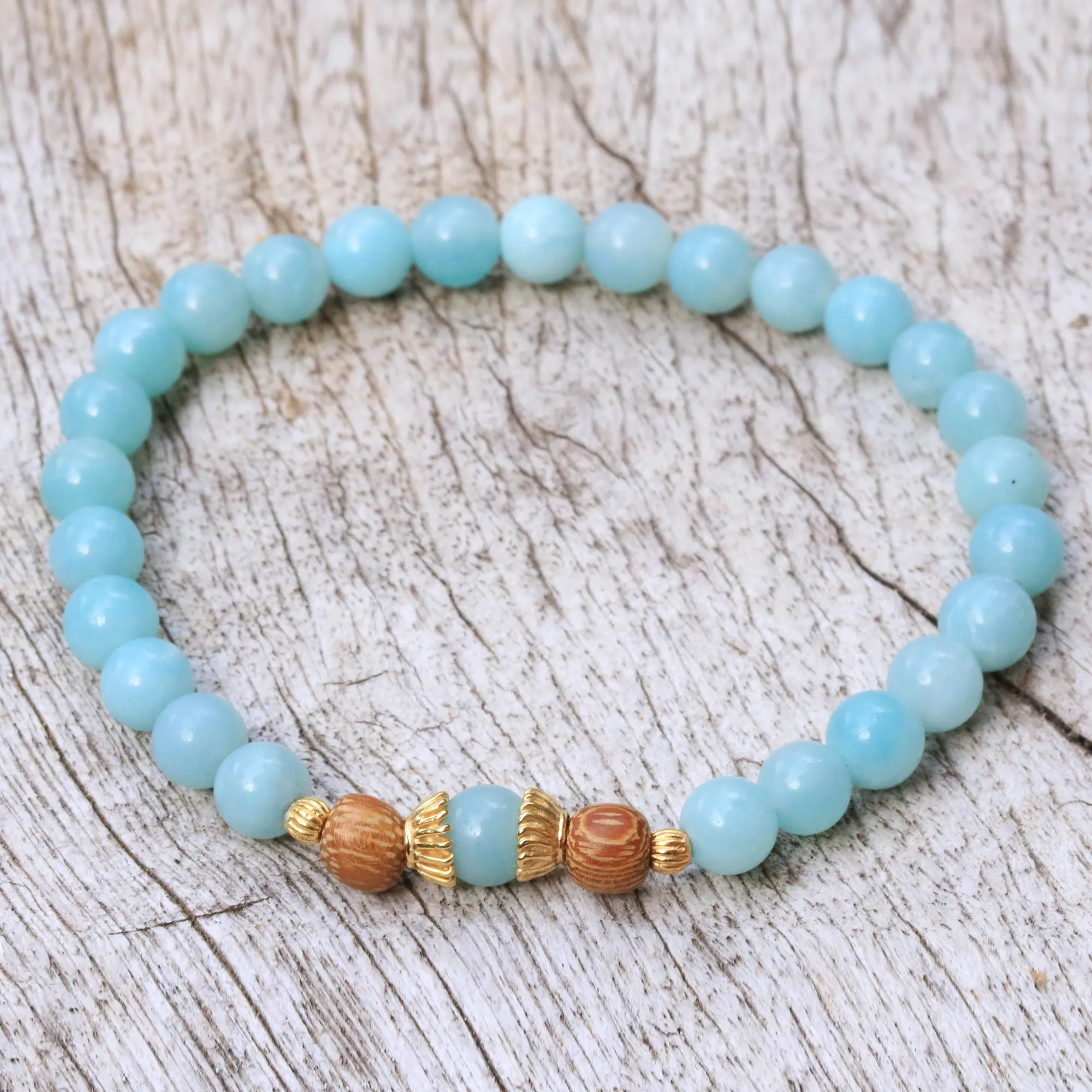 Batuan Tune Gold Accented Amazonite Beaded Stretch Bracelet from Bali