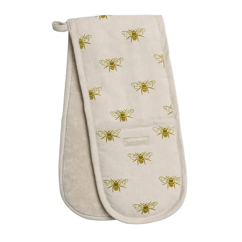 Bees Linen Double Oven Glove, Natural, Yellow