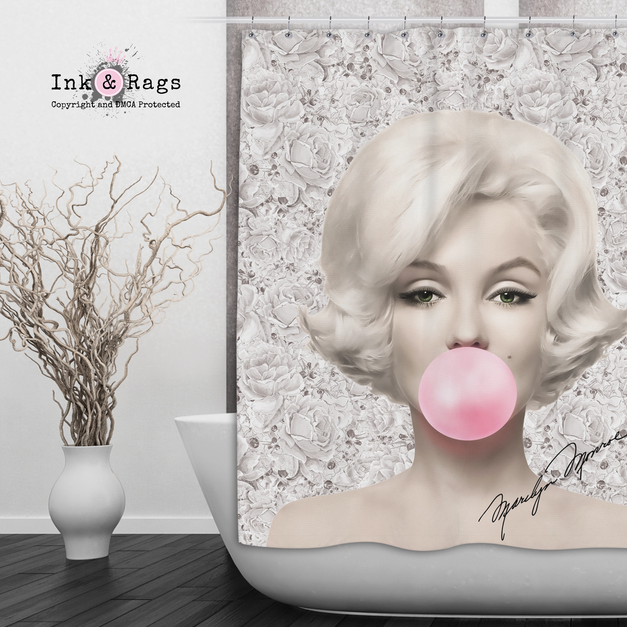 Beige Rose Marilyn Monroe Bubble Gum Shower Curtains and Optional Bath Mats Lighting,Lamps Fixtures