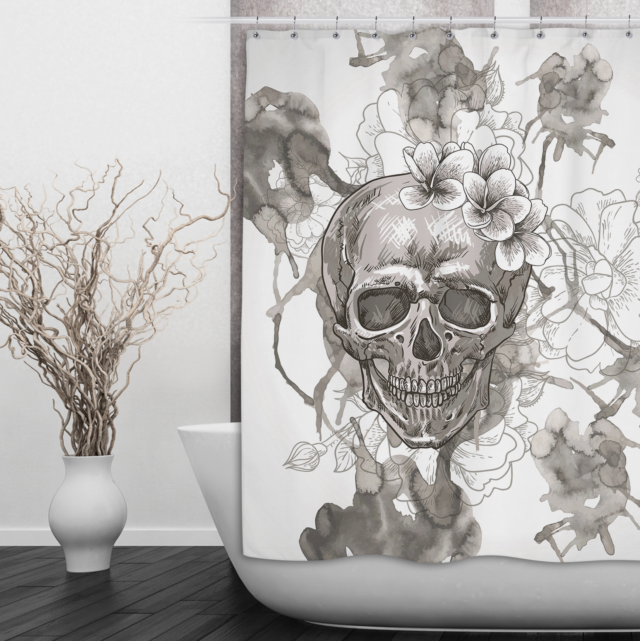 Beige Watercolor Skull Shower Curtains and Optional Bath Mats Lighting,Lamps Fixtures