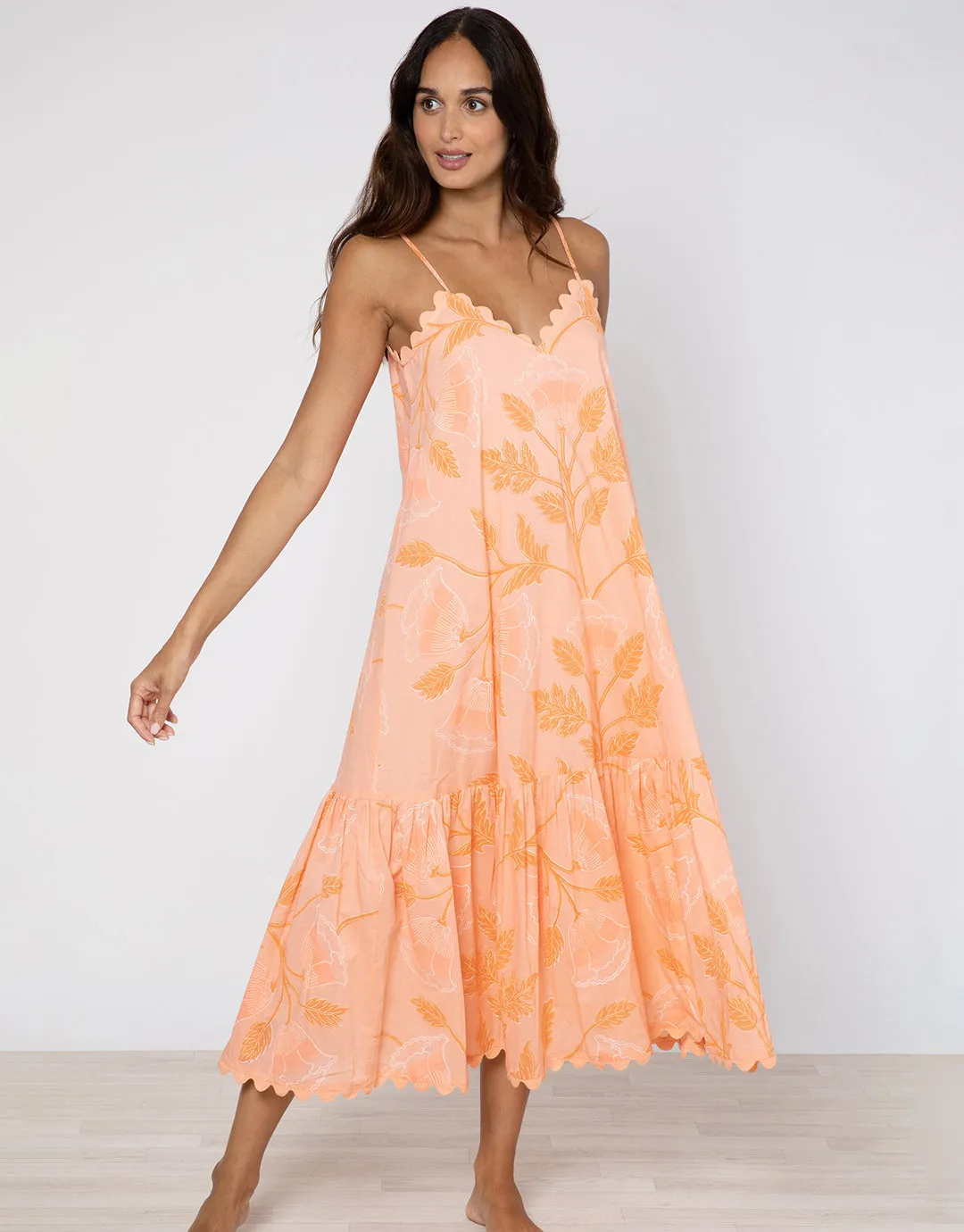 Bellflower V Neck Midi Dress - Peach