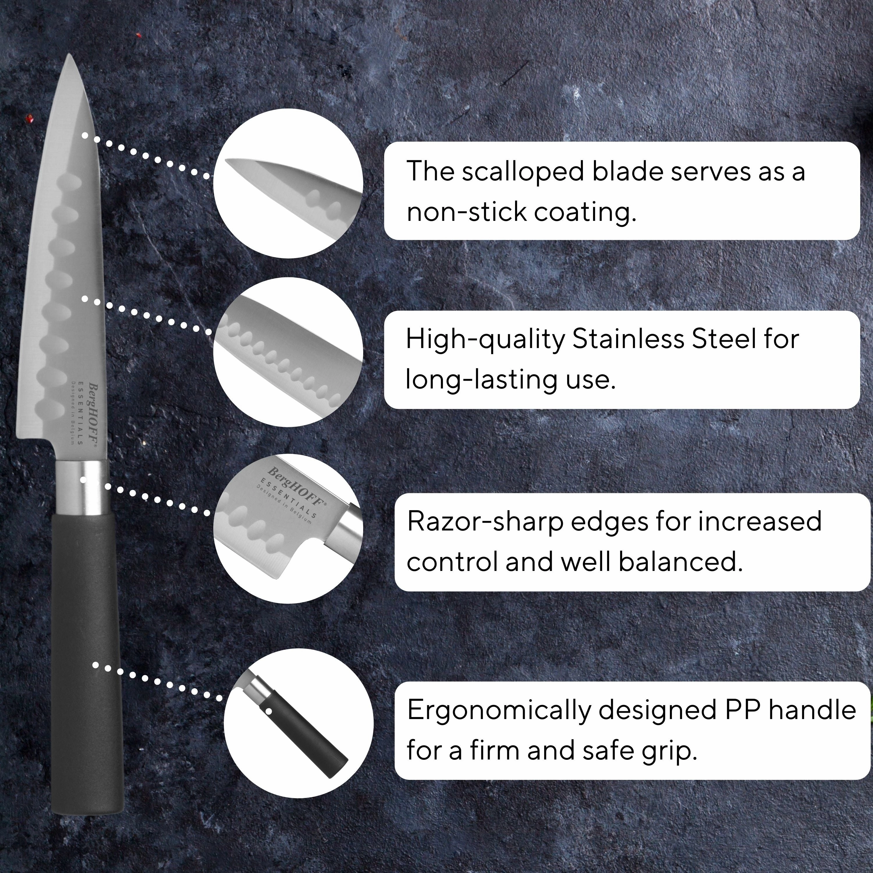 BergHOFF DiNA Codon Stainless Steel Scalloped Santoku Knife, 5"