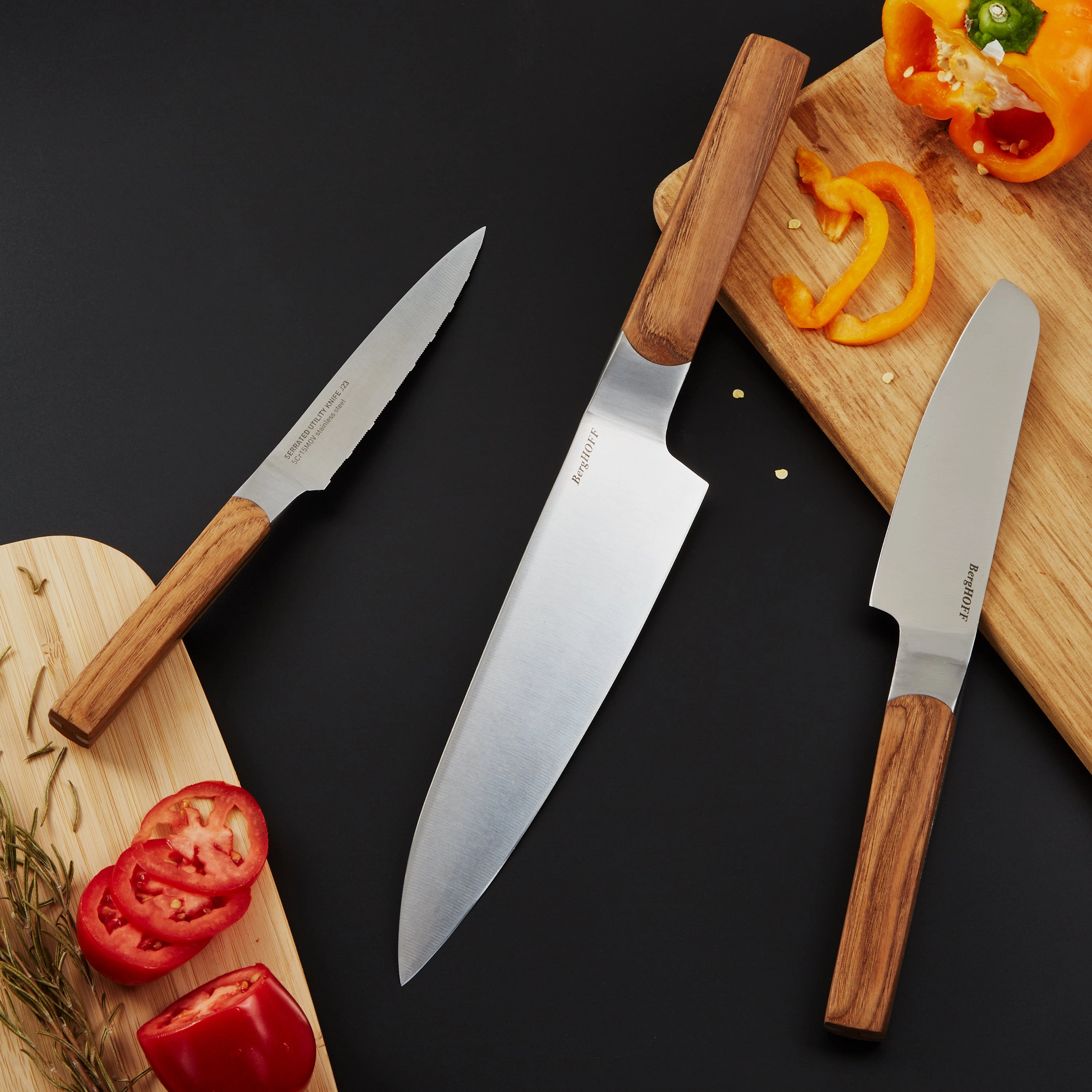 BergHOFF DiNA Ion 3pc Stainless Steel Knife Set, Ash Wood