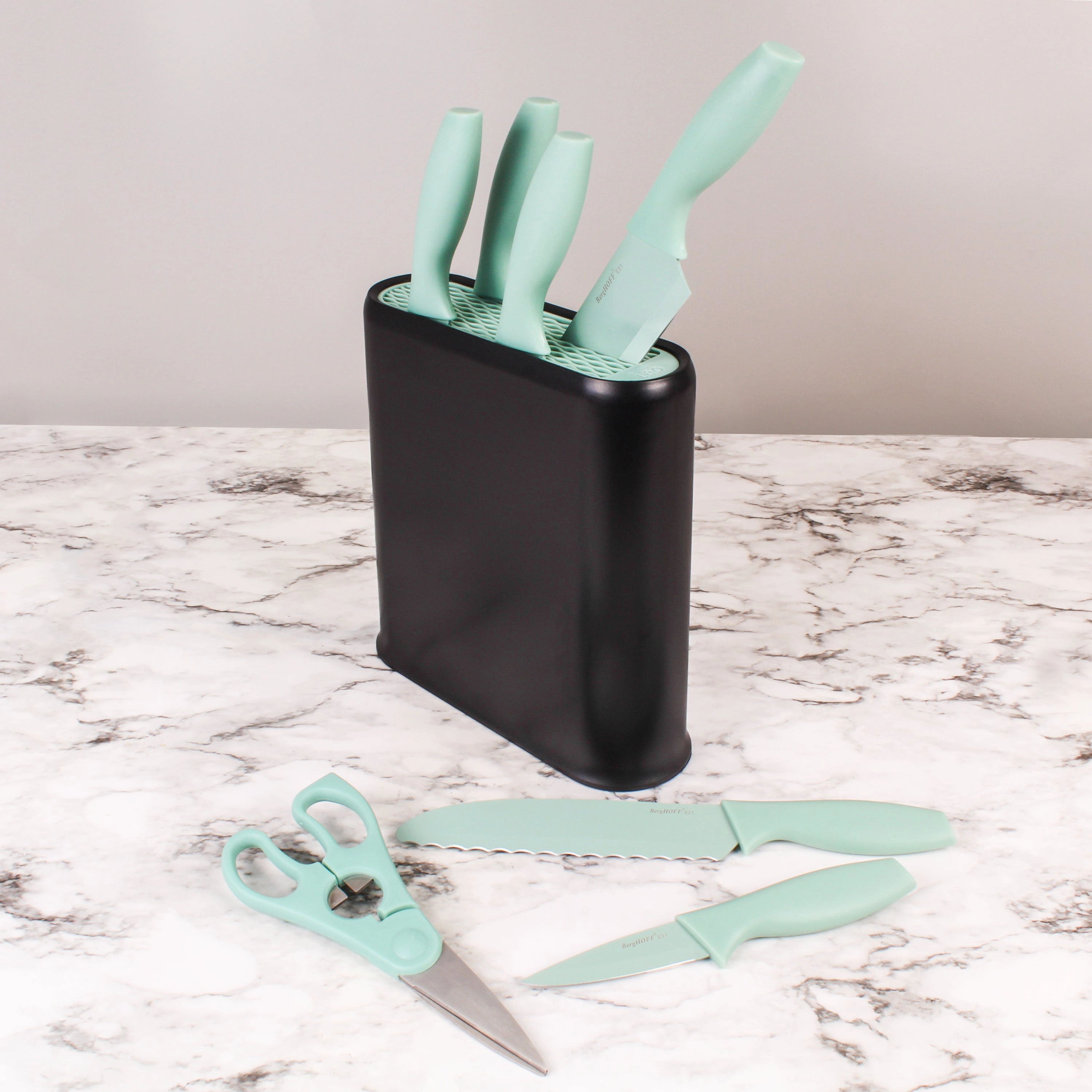 BergHOFF Leo 8Pc Stainless Steel Kitchen Knife Set with Universal Knife Block, Mint