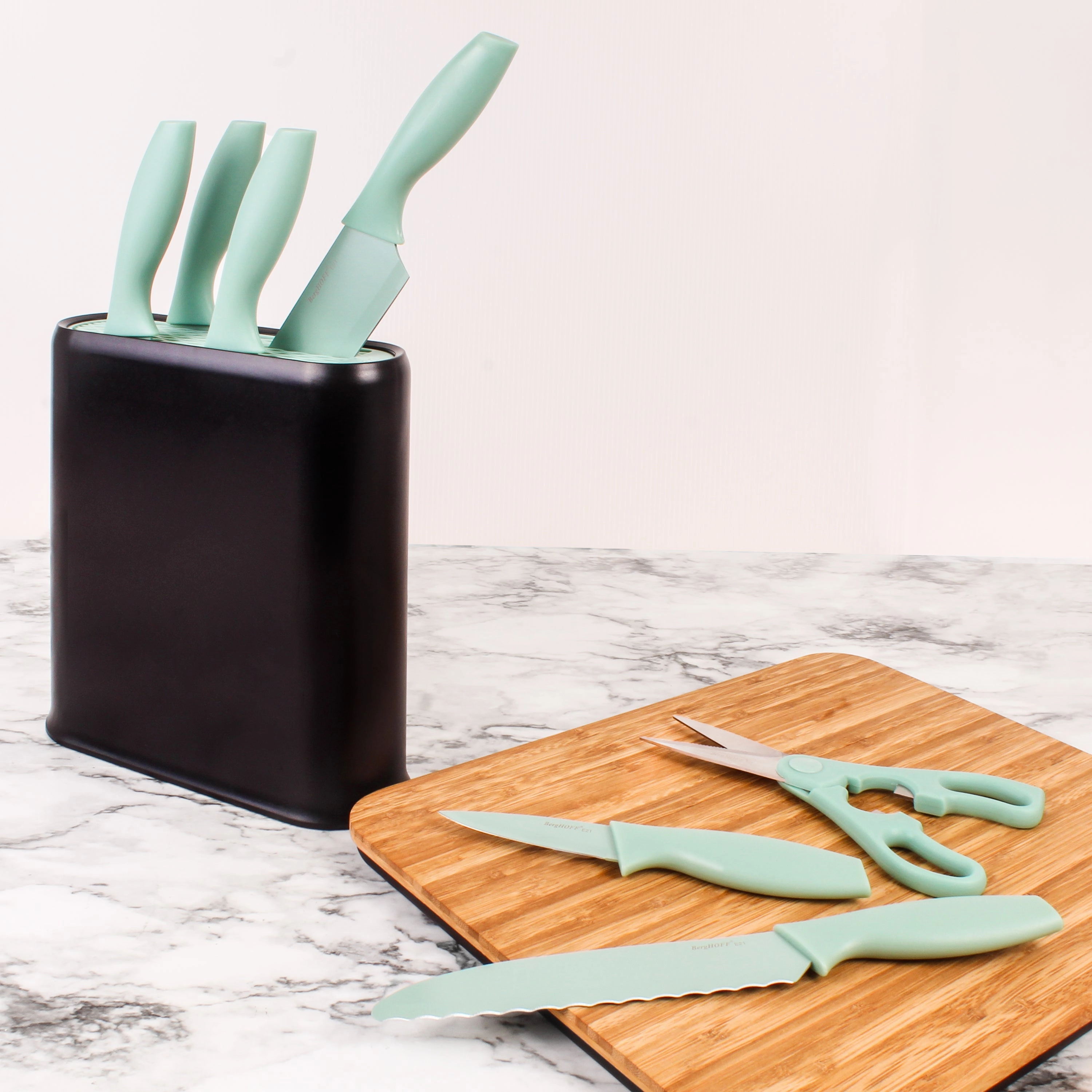 BergHOFF Leo 8Pc Stainless Steel Kitchen Knife Set with Universal Knife Block, Mint