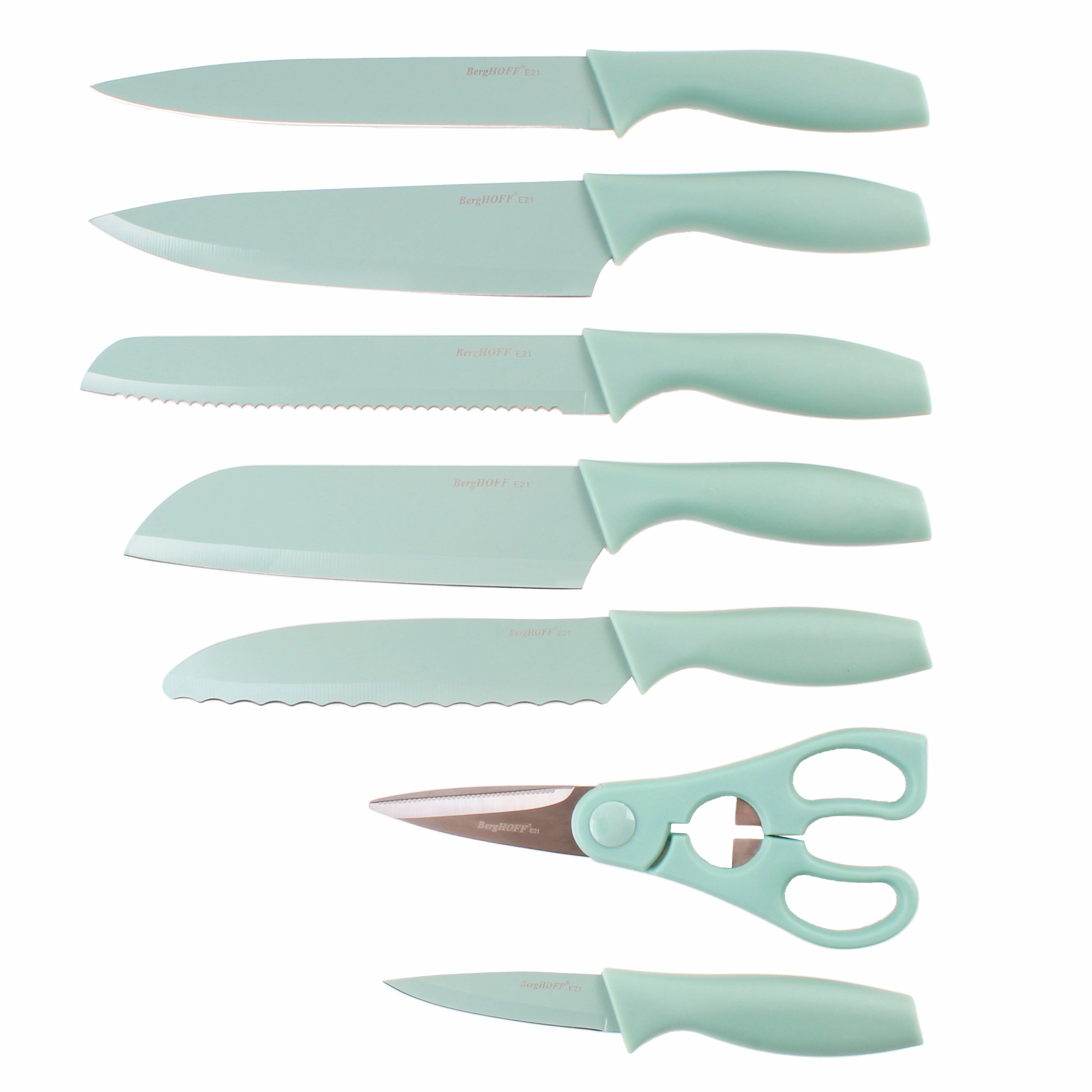 BergHOFF Leo 8Pc Stainless Steel Kitchen Knife Set with Universal Knife Block, Mint