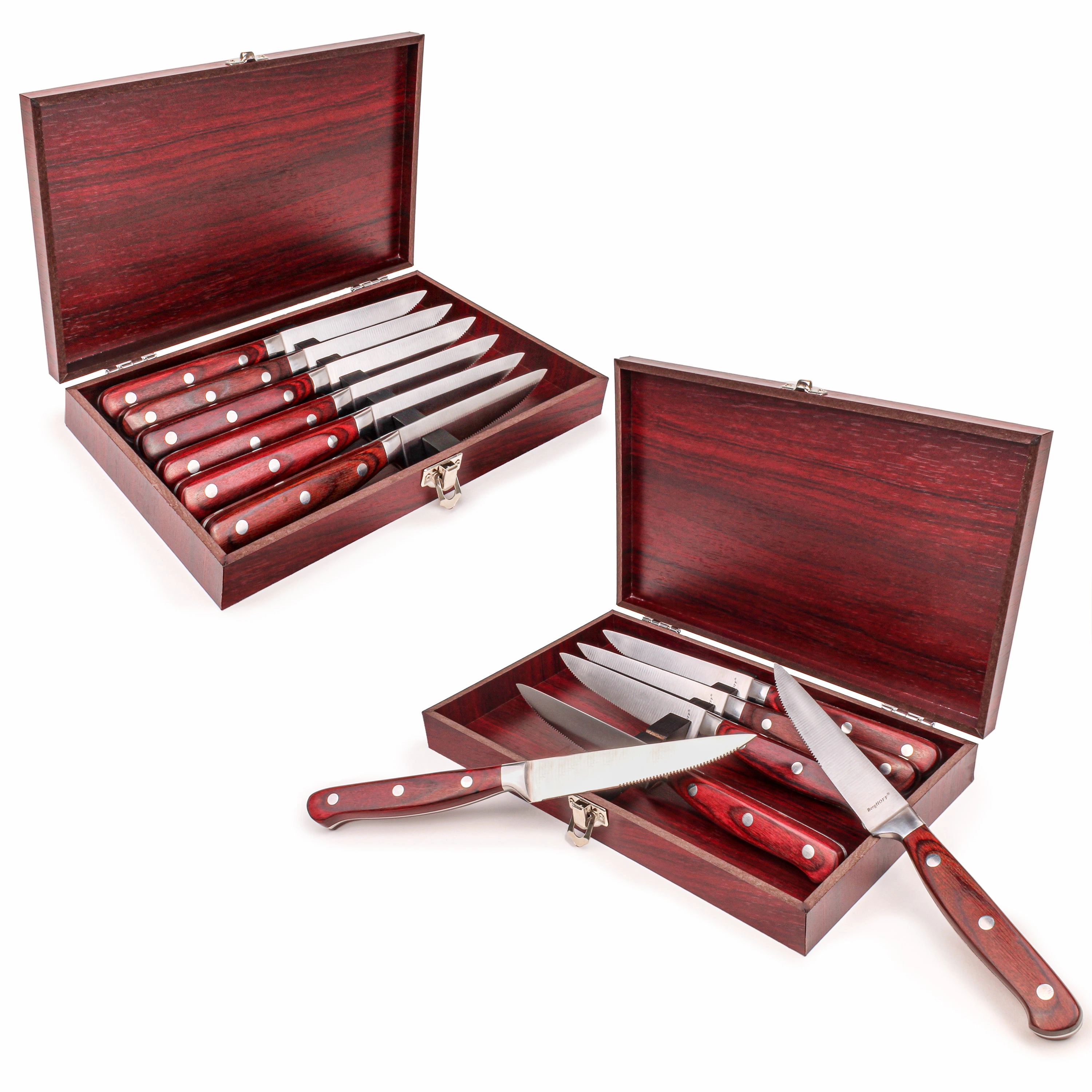 BergHOFF Pakka Wood 14pc Stainless Steel Steak Knife Set with Wood Cases Food Storage,Kitchen Storage