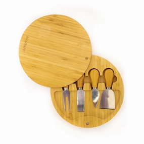BergHOFF Stainless Steel 6pc Cheese Knives and Bamboo Round Board Set, 8.7x1.5" Food Storage,Kitchen Storage