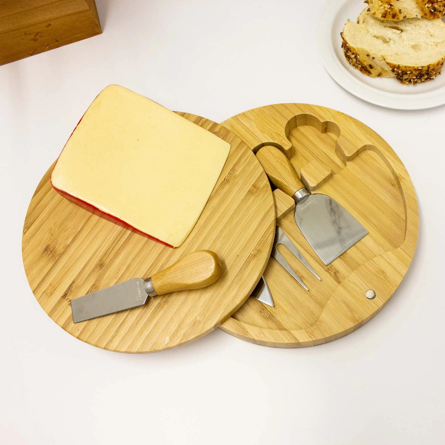 BergHOFF Stainless Steel 6pc Cheese Knives and Bamboo Round Board Set, 8.7x1.5"