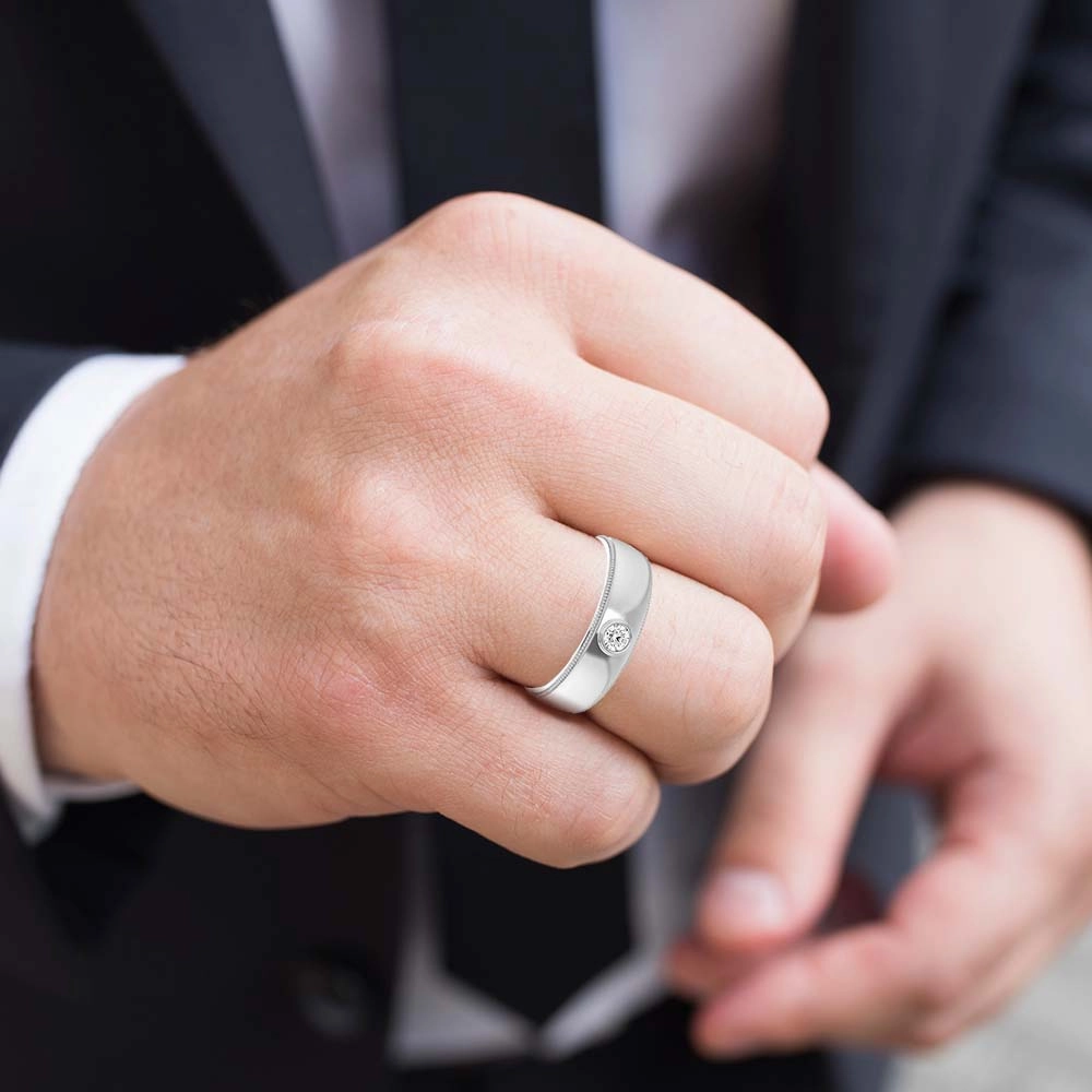 Bezel Set Diamond Men's Ring With Milgrain Accent