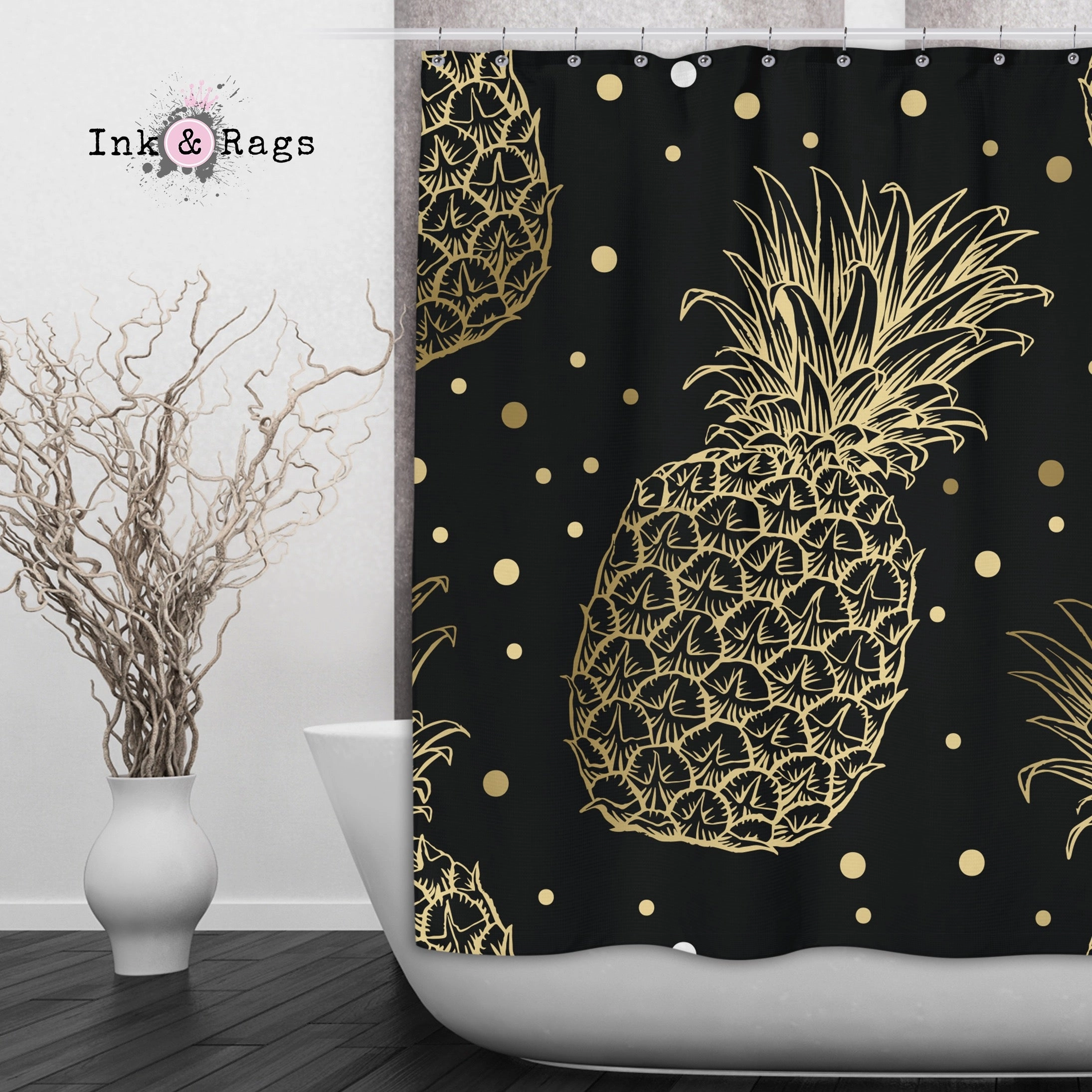 Black and Gold Pineapple Shower Curtains and Optional Bath Mats Lighting,Lamps Fixtures