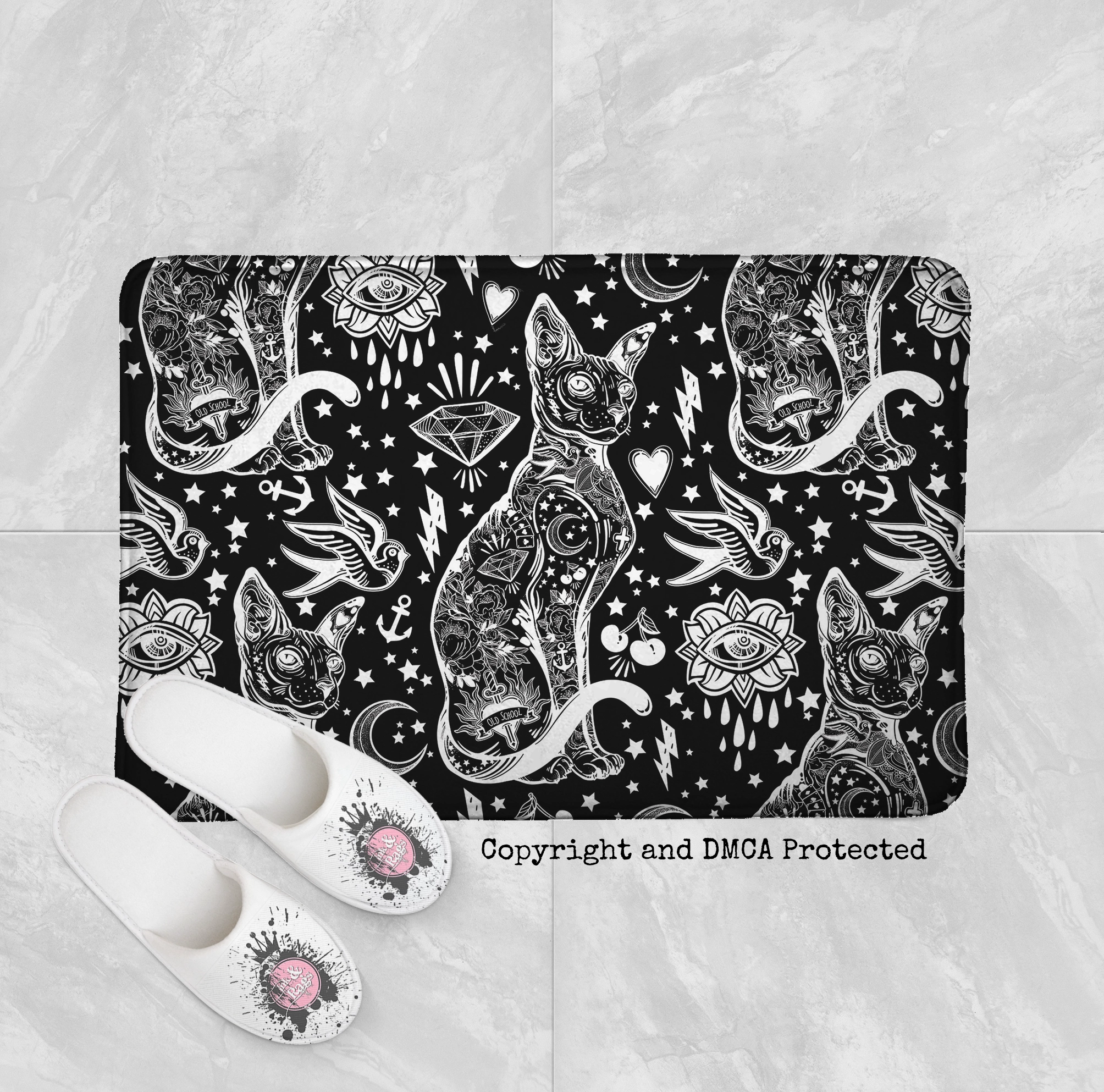 Black and White Old School Tattoo Sphynx Cat Shower Curtains and Optional Bath Mats
