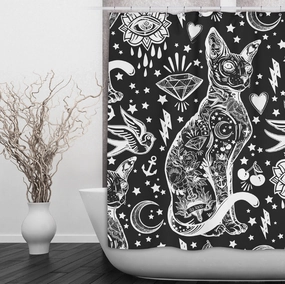 Black and White Old School Tattoo Sphynx Cat Shower Curtains and Optional Bath Mats Lighting,Lamps Fixtures
