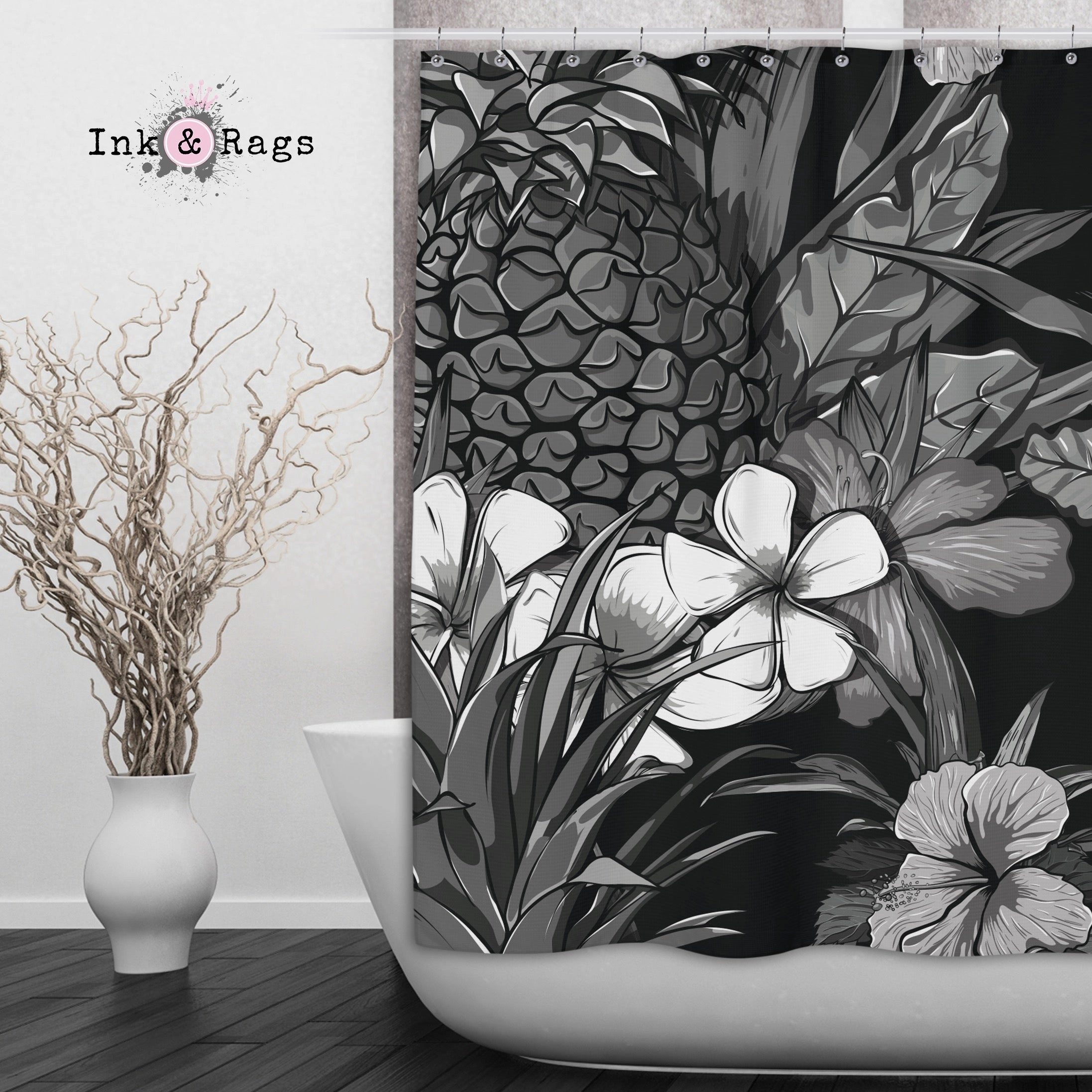 Black and White Tropical Pineapple Shower Curtains and Optional Bath Mats Lighting,Lamps Fixtures
