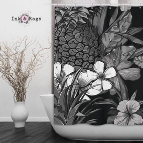 Black and White Tropical Pineapple Shower Curtains and Optional Bath Mats Lighting,Lamps Fixtures